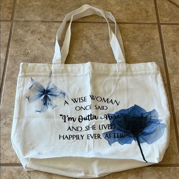 Handbags - White Canvas Zipper Tote Bag with Blue Floral Design